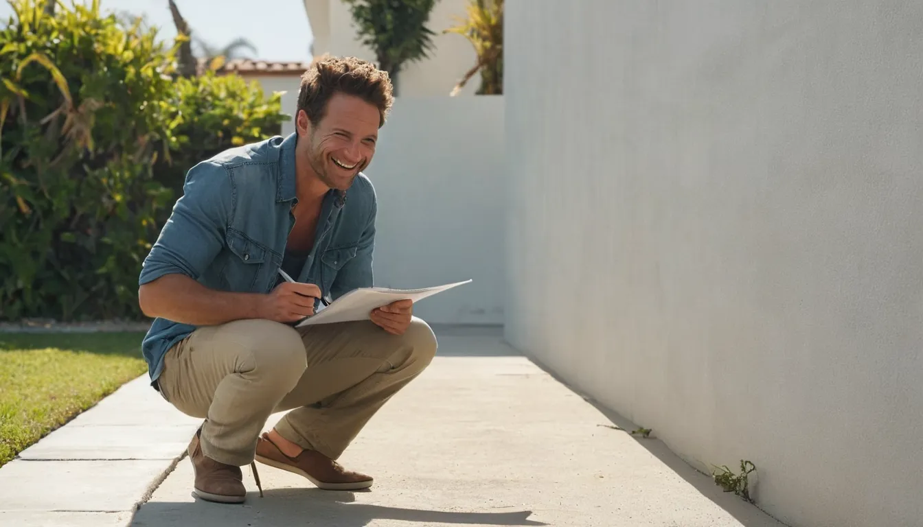 A homeowner checking a concrete slab for cracks