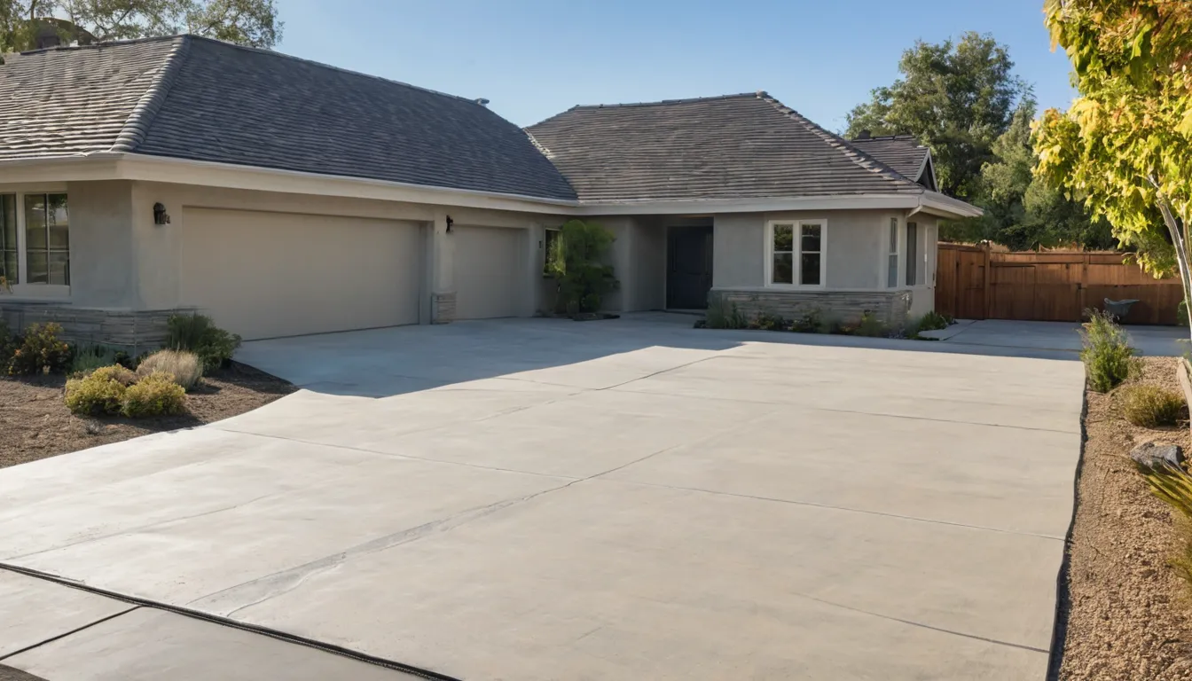 A new concrete driveway beside a stucco ranch home in San Jacinto